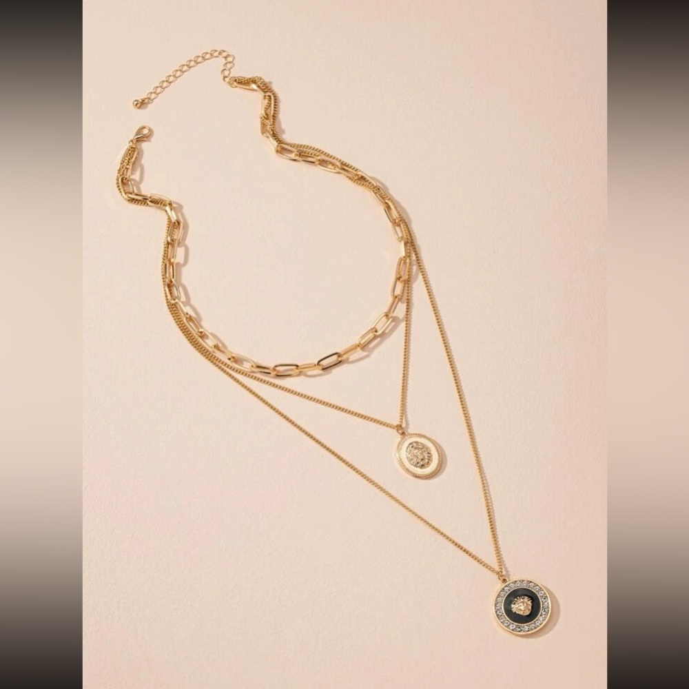 90’s Style Glam Triple Layer Gold & Black Lionhead Medallion Necklace - Picture 2 of 8